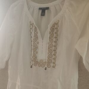 Alfani White Blouse with Gold Embroidery